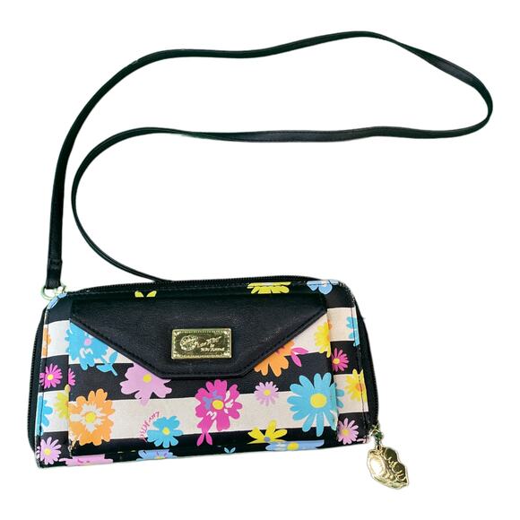 Betsey Johnson Crossbody Wallet Floral Stripe Retro Flower Power Cottage Whimsy - Picture 1 of 4